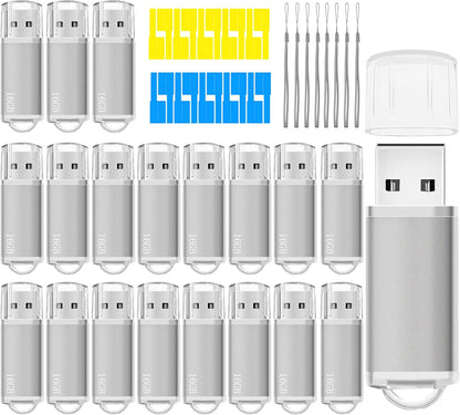 USB Thumb Drive 16GB Flash Drives 20 Pack, Nicepicten Memorias USB 2.0 Memory Stick FAT32 Flash Zip Drive 16 GB Jump Drives Multipack Pendrive with Landards and Lables (Sliver 16GB, 20 Pieces)