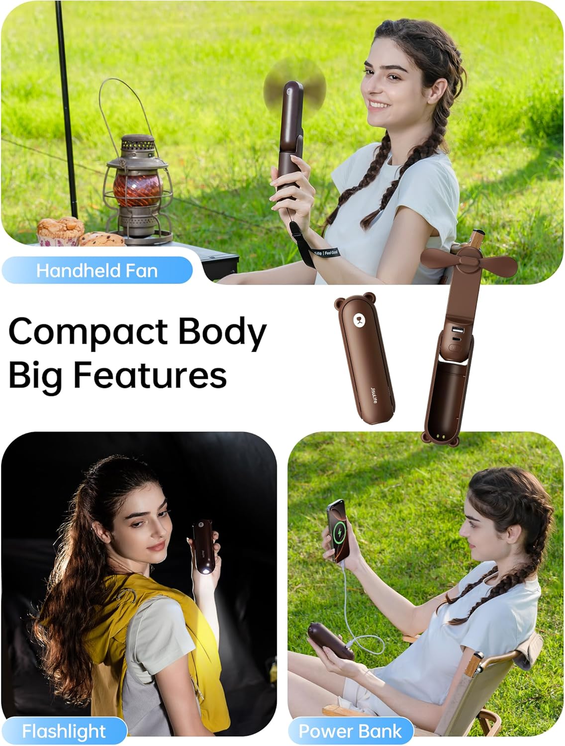 JISULIFE Handheld Fan with 4500 mAh Powerbank Max 37 Hours Runtime, Pocket Portable Battery Operated or USB Powered Folding Personal Fan, 3 Speeds, Gifts for Women Men Kids Gift for Festival-Brown