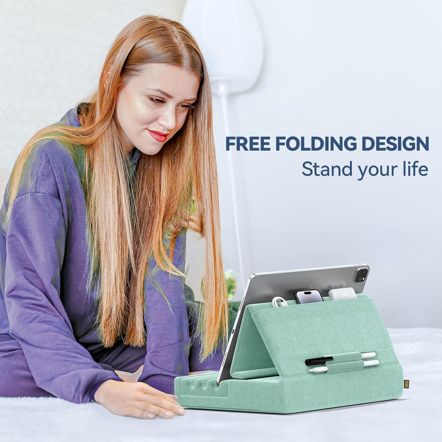 KDD Tablet Pillow Holder, Foldable iPad Stand for Lap, Bed and Desk -Tablet Soft Pad Dock with Pocket & Stylus Mount Compatible with iPad Pro 12.9, 10.5, 9.7 Air Mini 6 5 4 3, E-Reader
