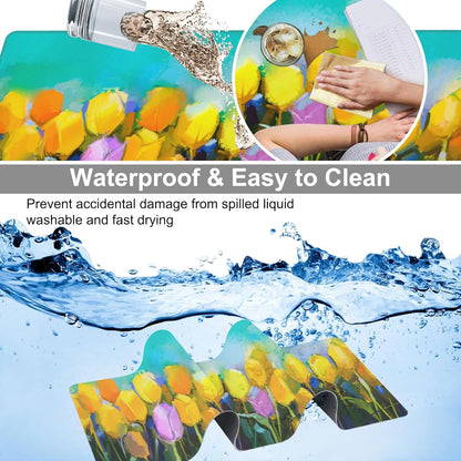 Tulips Flowers Desk Mat,Large Yellow and Violet Tulip Flowers Gaming Keyboard Mouse Pad,Non-Slip Rubber Base Desk Pad Thick Stitched Edges Waterproof Mousepad Mouse Mat 31.5"x11.8"
