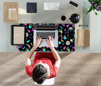 Retro 80s Desk Mat, Cute 90s XXL Large Gaming Mouse Pad, Black Boho Desk Pad with Stitched Edges, Computer Laptop Keyboard and Mouse Mat, Aesthetic Office Decor Non-Slip Mosuepad, 31.5x15.75 in