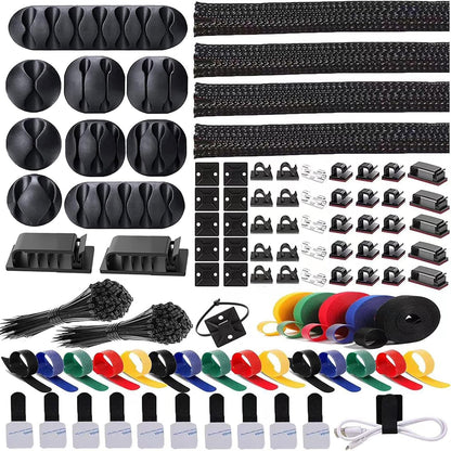 ELII 300PCS Cable Management Kit,4 Cable Sleeve 35 Cable Clips with 11Cord Holders,20 Roll Cable Organizer Straps and 200 Fastening Cable Ties,20 Cable Zip Tie Mounts for Computer TV Under Desk