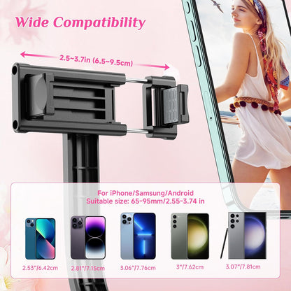 Selfie Stick Tripod with Fill Light, All in One Extendable Selfie Stick with Detachable Wireless Remote, Flexible Phone Tripod Stand Compatible with iPhone/Galaxy, Compact Size & Lightweight
