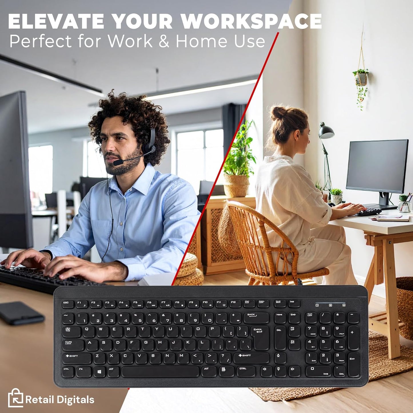 Wired USB Keyboard | Full-Sized | Ergonomic | Soft Typing | QWERTY Layout | Black