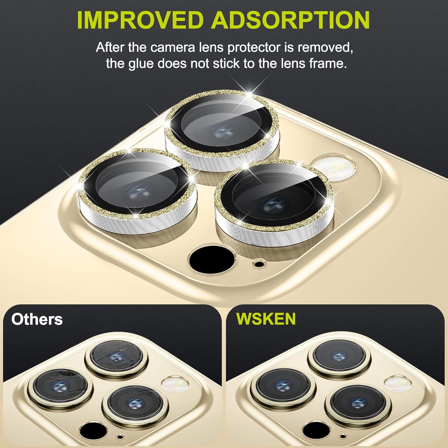 WSKEN [Gold Glitter] for iPhone 14 Pro/iPhone 14 Pro Max Camera Lens Protector,[Night Shooting Mode] HD Tempered Metal Glass Camera Screen Protector Cover Film Accessories