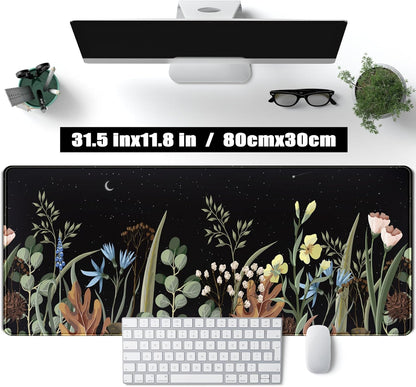Cute Gaming Black Wild Flowers Desk Mat Mouse Pad Star Moon Floral Mousepad Large, XL Big Computer Keyboard and Mouse Mat Desk Pad Mat with Stitched Edge for Women Office Decor Deskmat 31.5x11.8 in