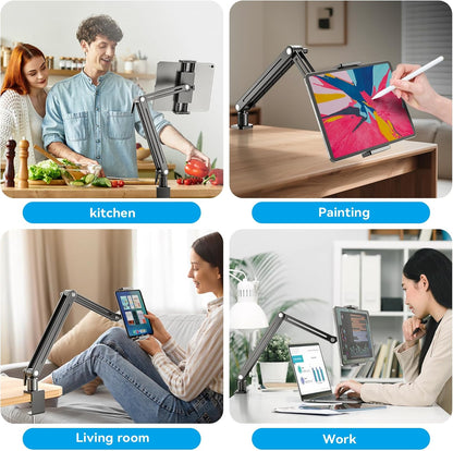 Jakeko Adjustable Tablet Mount for Desk - 360° Rotating Base Tall Arm Holder Stand for iPad Air/Pro/Mini Swivel Flexible Clamp Soporte para Tablet/Portable Monitor/Ereader