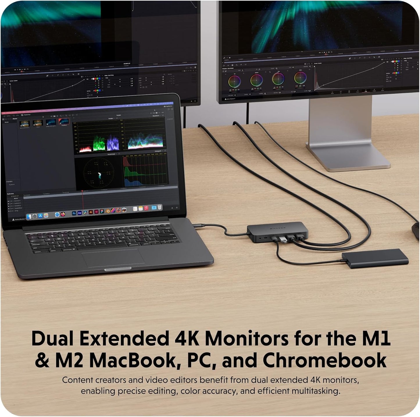 HyperDrive Next Dual 4K HDMI 7 Port USB C Docking Station for M Series MacBook, PC, Chromebook, 2x File Transfers w/ 10Gbps USB Ports, Dual 4K Docking Station Charges w/ 100W PD Power Passthrough Port