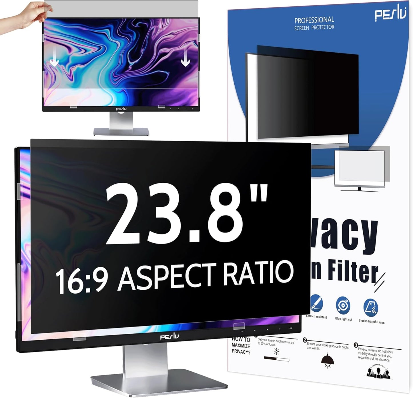Privacy Screen for Computer Monitor 23.8 Inch 16:9 Aspect Ratio, Anti Blue Light Glare Removable 23.8 in Privacy Screen Filter Protective Film, HD 23.8 Inch Privacy Screen Protector for Monitor