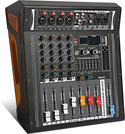 Audio Mixer 4 Channel, DJ Mixer with Power Amplifier, Audio Sound Card with 48V Phantom Power, Usb Audio Interface, Sounds Mixer Board with 99 DSP FX Reverb Delay Effect for Streaming