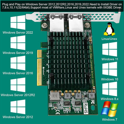 PCIE X8 Interface to 2X 10Gbps RJ45 Ports Network Adapter, Intel X540-AT2 Ethernet Controller, 2X 10GbE RJ45 Interface PCIE NIC Card, PCI Express 10GbE Converged Network Adapter (X540T2)