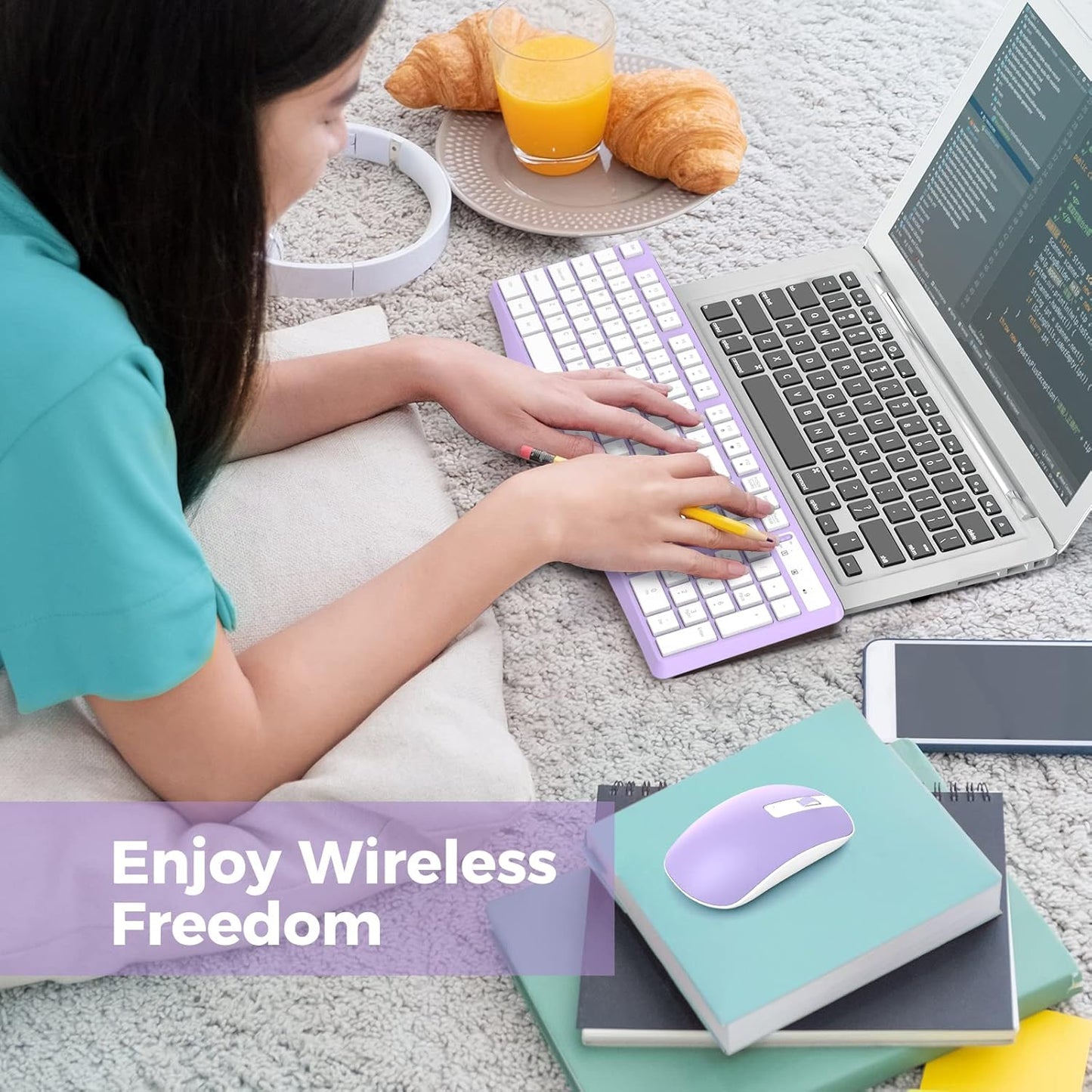 Wireless Keyboard and Mouse Combo, Lovaky 2.4G Full-Sized Ergonomic Keyboard Mouse, 3 DPI Adjustable Cordless USB Keyboard and Mouse, Quiet Click for Computer/Laptop/Windows/Mac (1 Pack, Purple)