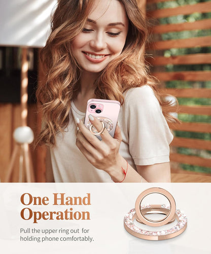 GVIEWIN Magnetic Phone Ring Holder, Compatible with MagSafe Phone Grip with Adjustable Stand, Magnet Phone Ring Kickstand for iPhone 16 Pro Max/Plus/15/14/13/12 Series/Other Phones, Glitter/Pink Gold
