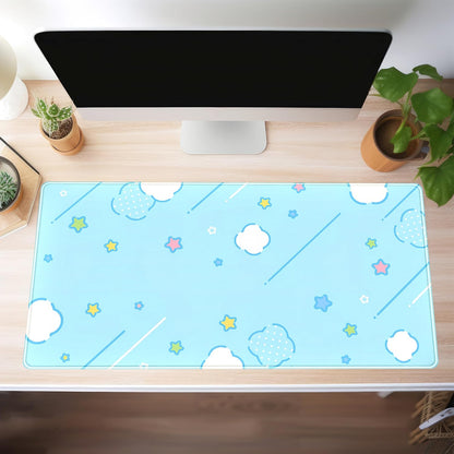 Kawaii Pastel Blue Star Grid Desk Pad, Large Gaming Mousepad & Keyboard Mat, XXL Office Desk Decor for Women, 31.5"x15.75"