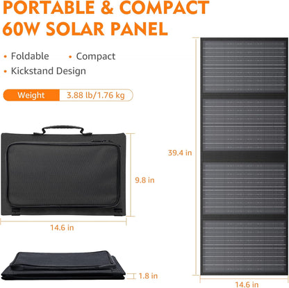 60W Solar Panel for Portable Power Station, Foldable Solar Panel with 12-18V DC Output/USB QC3.0/USB C(10 Changeable DC Adapters), Portable Solar Panels for Camping, Home, Travel, Rv