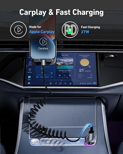 Coiled USB C iPhone Charger 3FT 2Pack, Braided Type C to Lightning Cable for Car [Apple MFi Certified] Fast Charging Cord Compatible with iPhone 14 Pro/Pro Max/Plus 13 12 11 8 7 6s 6 SE XS XR X, iPad