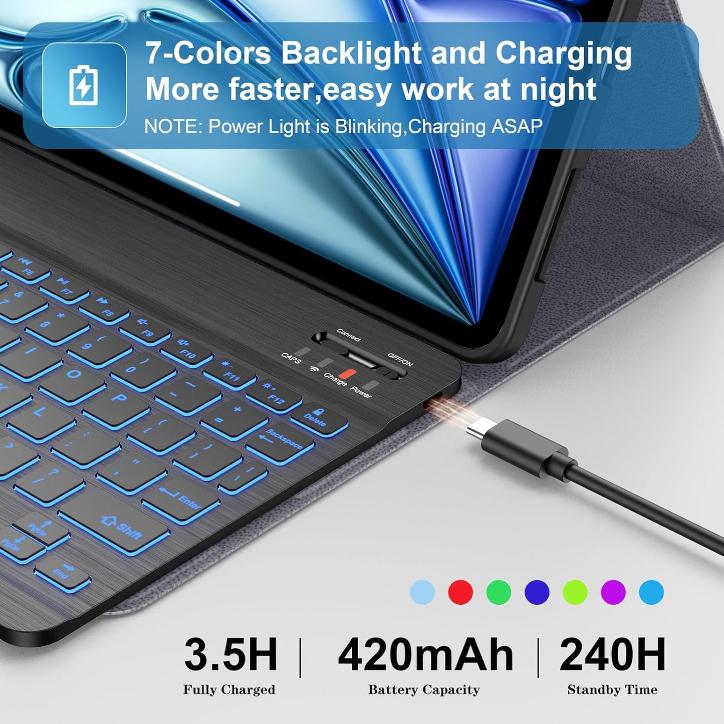 Supveco Keyboard Case for iPad Air 11 Inch (M3 2025,M2 2024),iPad Air 5th/4th Generation with Pencil Holder-7 Colors Backlit Wireless Detachable Folio Keyboard Cover with Soft TPU Back-Black