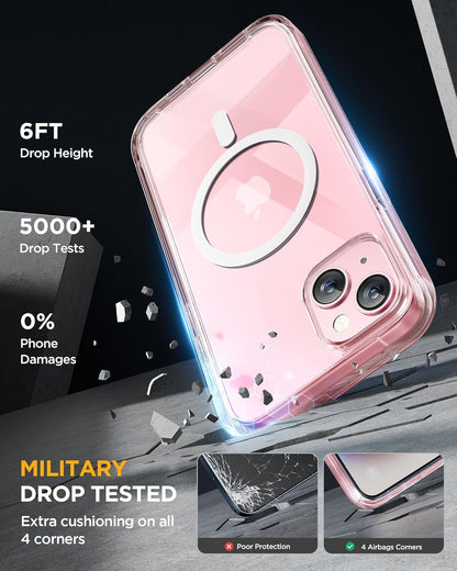 Miracase Glass Series for iPhone 15 Case [Compatible with MagSafe] Full-Body Magnetic Case with Built-in 9H Tempered Glass Anti-Fingerprint Screen Protector + Camera Lens Protector, Clear Pink