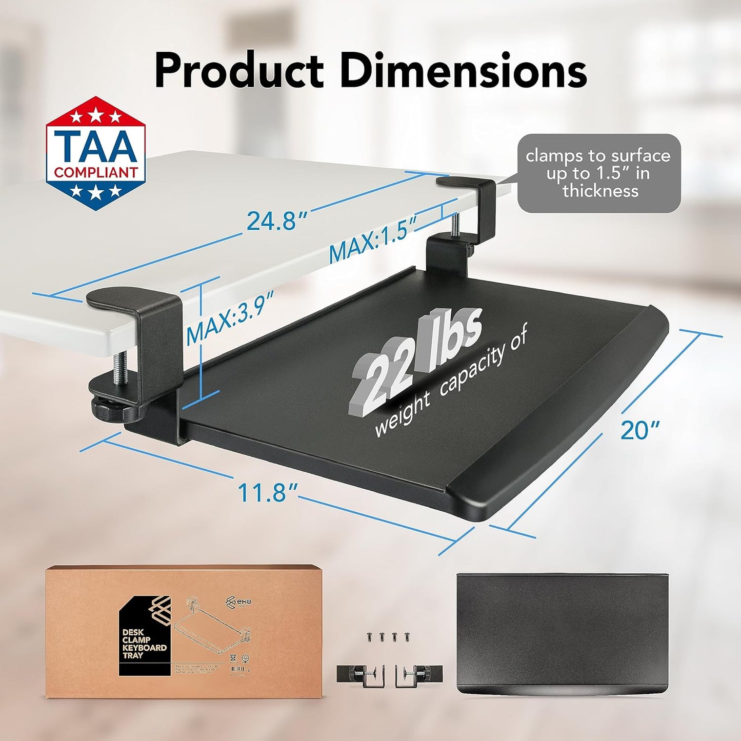 EHO Prime Desk Clamp Keyboard Tray, Under Desk Sliding Retractable Drawer, Ergonomic Space-Saving Platform for Standard Keyboards, Large 20" x 11.5" Workstation Extension
