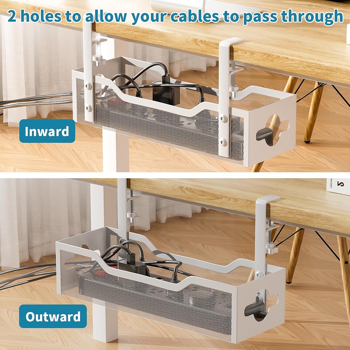 Under Desk Cable Management Tray White, Litwaro Cable Management Under Desk No Drill, Cable Organizer with Clamp for Wire Management, Cord Organizer for Office, Home No Damage to Desk