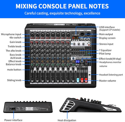 S-10 Audio Mixer 10 channel 8 channel Professional DJ Mixing Console with Reverb MP3 Player Bluetooth 48V Phantom Power Supply USB Recording for Studio Karaoke Live Music