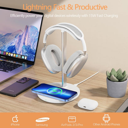 Headphone Stand with Wireless Charger, Gaming Headset Holder Hanger Rack 2 in 1 Wireless Charging Station Dock for iPhone 15/14/13/12/11 Series, AirPods Pro/3/2 and Desk All Headphones, White
