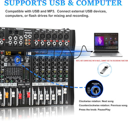 Audio Mixer 12 Channel Professional Mixer Console with 320 DSP Effects, 7-band EQ Sound Mixing Board Digital DJ Mixer w/USB Bluetooth MP3 for Recording, Independent 48V Power & Mute Button