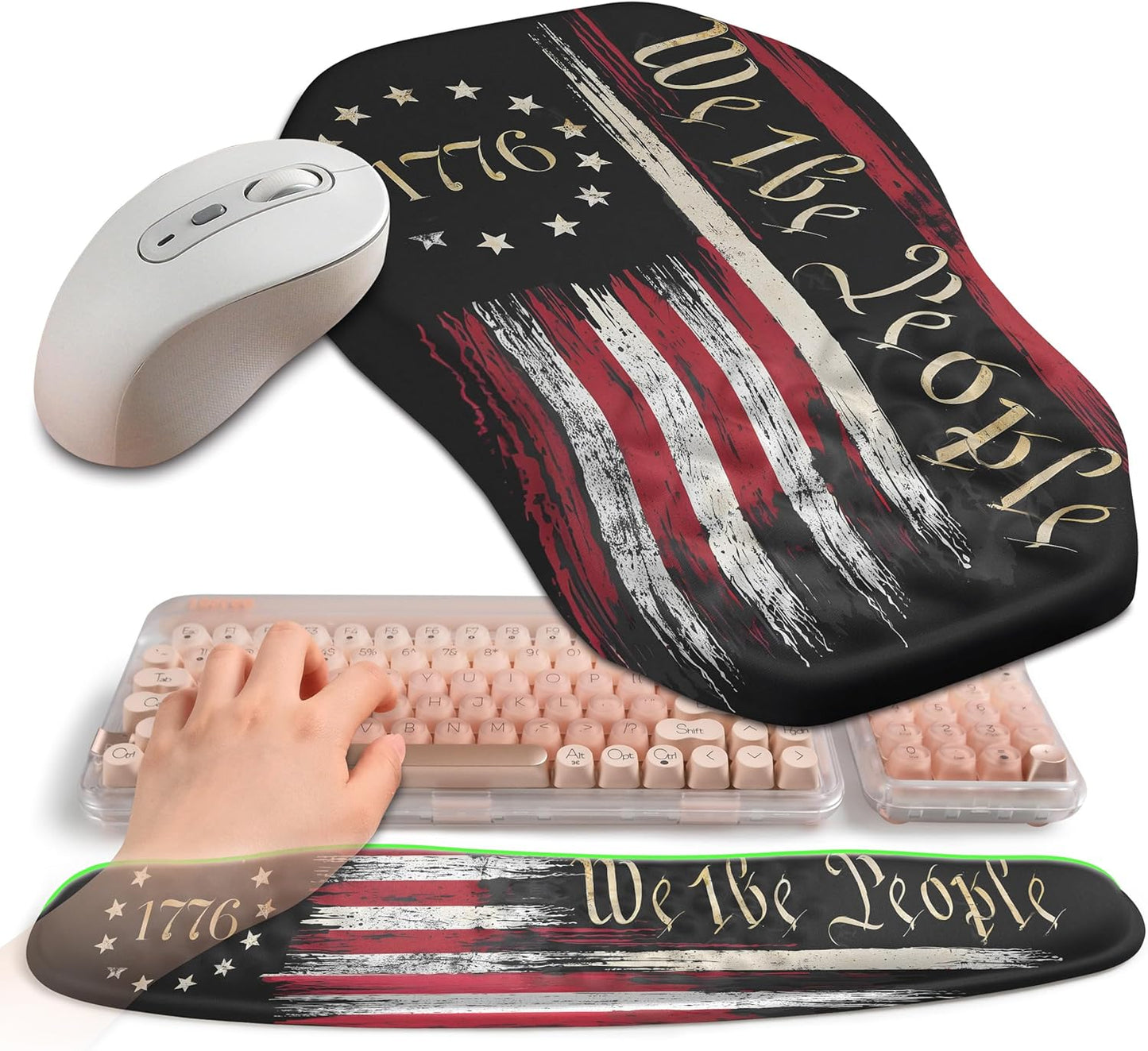 2-in-1 Ergonomic Set, Wave Keyboard Wrist Rest and Massage Slope Mouse Pad Wrist Support, Rebound Memory Foam for Relieve Carpal Tunnel Syndrome and Wrist Pain (Flag)
