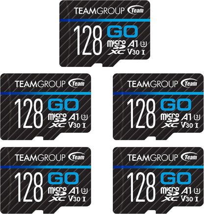 TEAMGROUP GO Card 128GB x 5 PACK Micro SDXC UHS-I U3 V30 4K for GoPro & Drone & Action Cameras High Speed Flash Memory Card with Adapter for Outdoor Sports, 4K Shooting, Nintendo-Switch TGUSDX128GU363