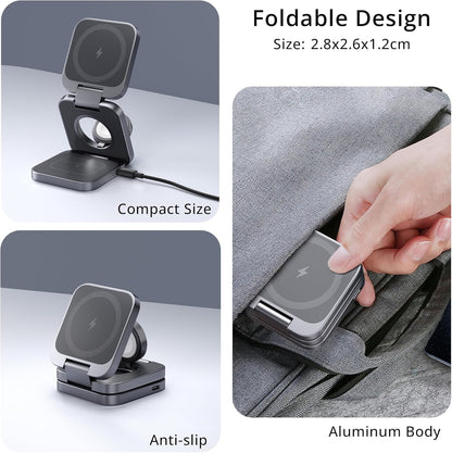 3-in-1 Wireless Charger Stand, LULULOOK 15W Magnetic Charger Wireless Fast Charging Station for iPhone 16/15/14 Series, Aluminum 5W Charger for Apple Watch, AirPods, USB-C Charging Cable Included