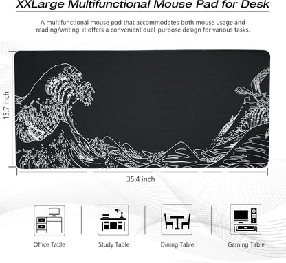 Large Gaming Mouse Pad for Desk,Kanagawa XXL Mouse Pad 35.4x15.7 Inch,Waterproof Desk Pad,Non-Slip Rubber Base Mice Pad,Keyboard Pad Computer Mat,Black Mouse pad