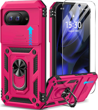 Taisairu for Google Pixel 9A Case with Screen Protector & Slide Camera Lens Cover,Built-in 360°Rotate Magnetic Ring Stand Shockproof Protective Phone Case for Google Pixel 9A Case(Hot Pink)
