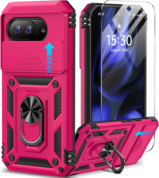 Taisairu for Google Pixel 9A Case with Screen Protector & Slide Camera Lens Cover,Built-in 360°Rotate Magnetic Ring Stand Shockproof Protective Phone Case for Google Pixel 9A Case(Hot Pink)