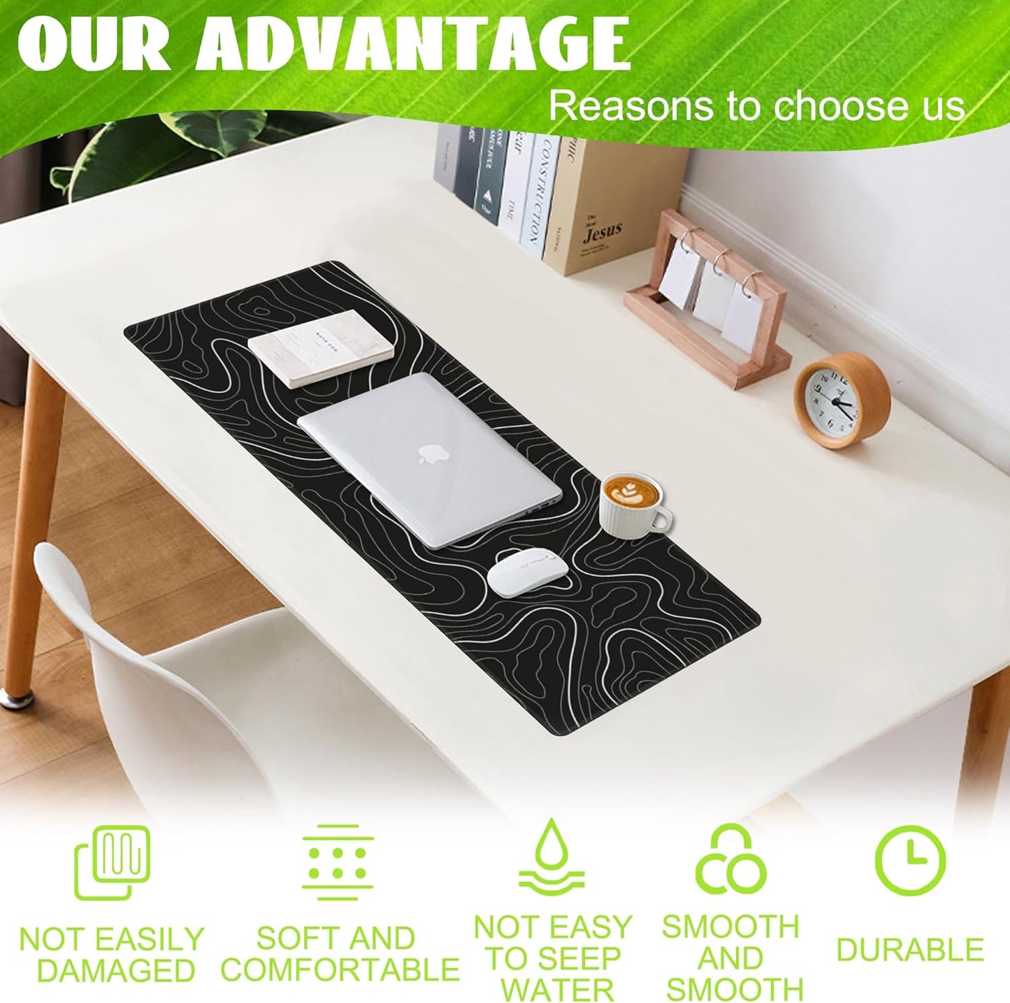 Desk Mat,Black Topographic Contour Map Desk Pad,Topographic Contour Large Gaming Mouse Pad for Desk,Extended Big Computer Keyboard Mouse Pad with Non-Slip Base and Stitched Edge,31.5"x11.8"