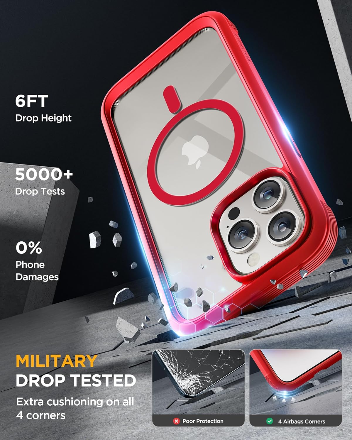 Miracase Magnetic for iPhone 15 Pro Max Case 6.7'' [Compatible with Magsafe] Full-Body Military Drop Proof for iPhone 15 ProMax Case with Built-in 9H Tempered Glass Screen Protector,Red