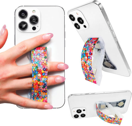 LOVEHANDLE PRO Premium Phone Grip - Silicone Strap - Magnetic Mount and Kickstand for Smartphone and Tablet - Colorful Daisies