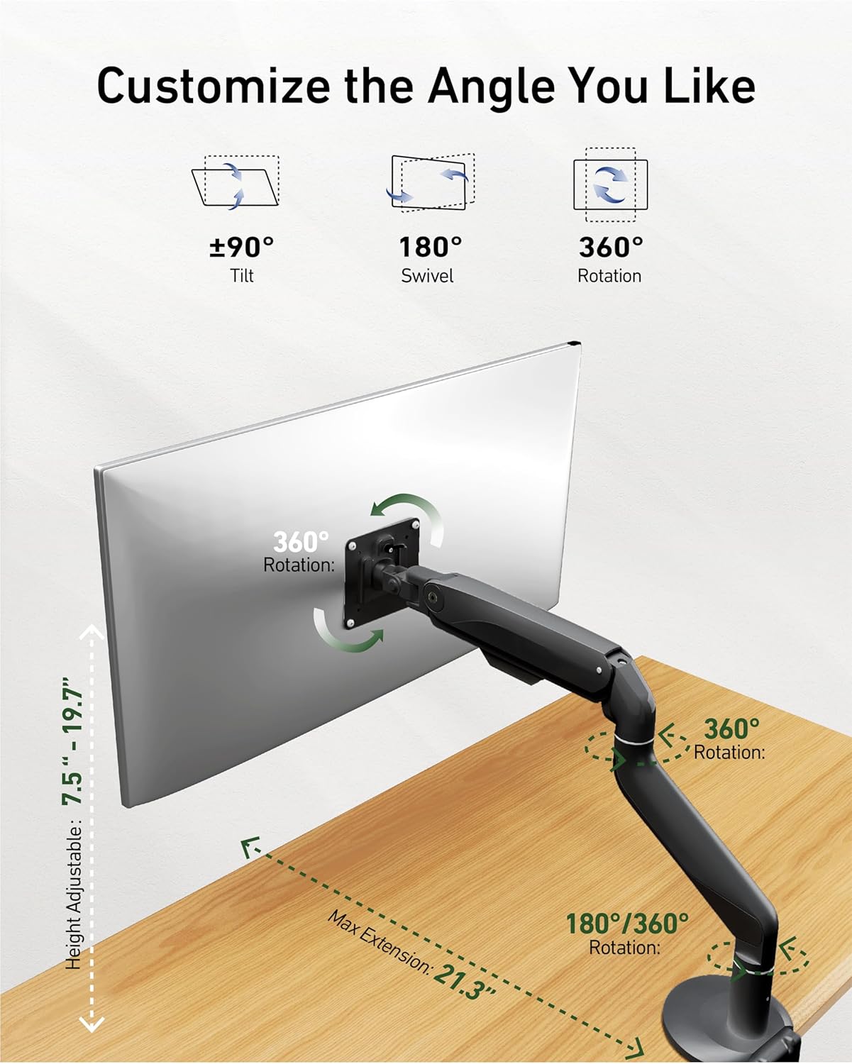 Ultrawide Single Monitor Mount, Adjustable Gas Spring Monitor Arm for 17 to 49 inch Screens, 75/100 Vesa Mount, Black