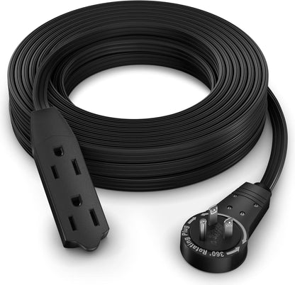 Maximm Cable 25 Ft 360° Rotating Flat Plug Extension Cord/Wire, 16 AWG Multi 3 Outlet Extension Wire, 3 Prong Grounded Wire - Black - UL Certified