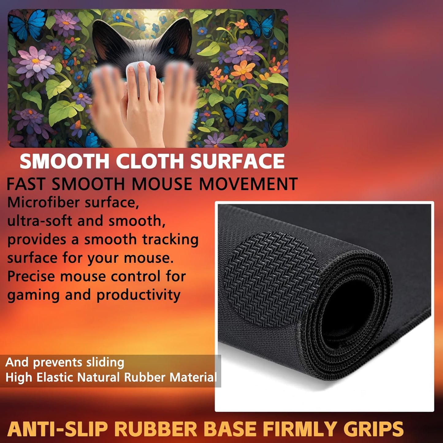 Desk Pad, Cute Black Cat Desk Mat, Cat Among Butterfly Flowers Large Gaming Mouse Pad for Desk, 31.5"x15.7" Extended Big Computer Keyboard Mouse Pad with Non-Slip Base and Stitched Edge