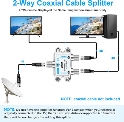 2 Way Coaxial Cable Splitter,Support 10-2602MHz, RG6 Compatible, Nickel-Plated for Cable Splitter,Work with CATV, Satellite TV,Antenna System and MoCA Configurations
