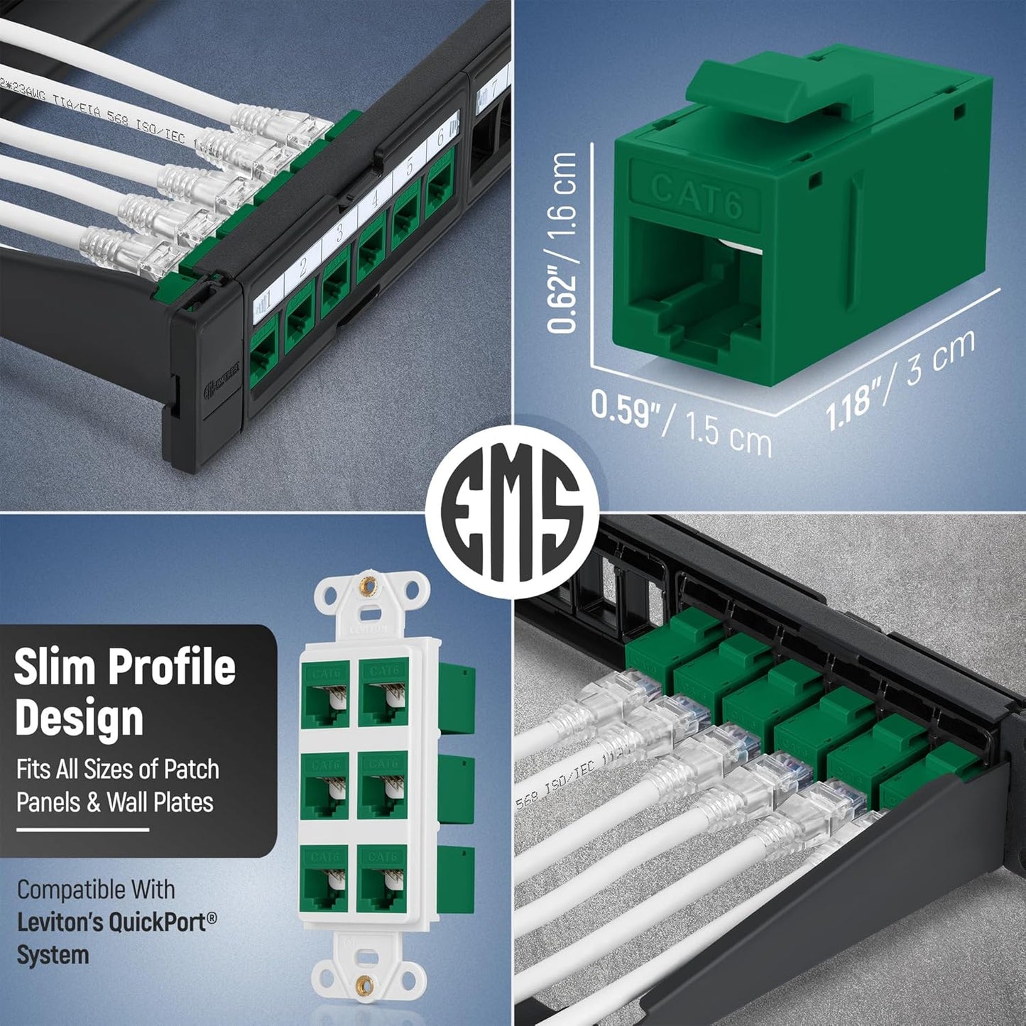 Everest RJ45 CAT6 Keystone Coupler in Green (12-Pack) - RJ45 Coupler - Cat6 Keystone Jacks