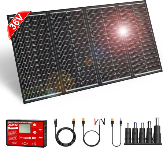 DOKIO 300W 36V Portable Folding Solar Panel Kit for 24V Batteries & Power Stations Lightweight Charger for AGM, LiFePO4, Deep Cycle — RV, Trailer, Truck, Boat, Camping, Van, Emergency