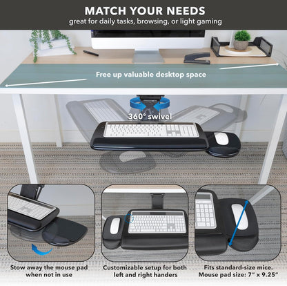 Mount-It! Full Motion Under Desk Keyboard Tray with Wrist Rest | Height and Tilt Adjustable Ergonomic Slide Out Keyboard Platform with Swivel, Mouse Pad for Left or Right Setup