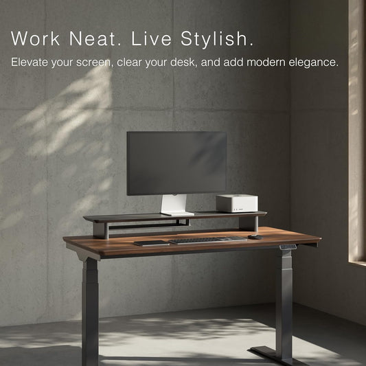 Walnut Dual‑Tier Monitor Stand for Modern Desk Setup – Minimalist Wooden Riser Shelf for Dual Monitors, Laptops, Home Office Aesthetic (Dark Walnut, Large)