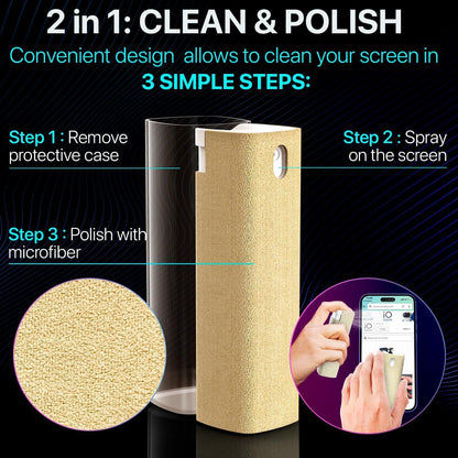 Mini Screen Cleaner Spray – Finger Proof Screen Cleaner for Smartphones, iPads, MacBooks, Laptops, Car Screens, Touchscreens – 3in1 Mist Cleaner, Microfiber Cloth and Cover (Orange)