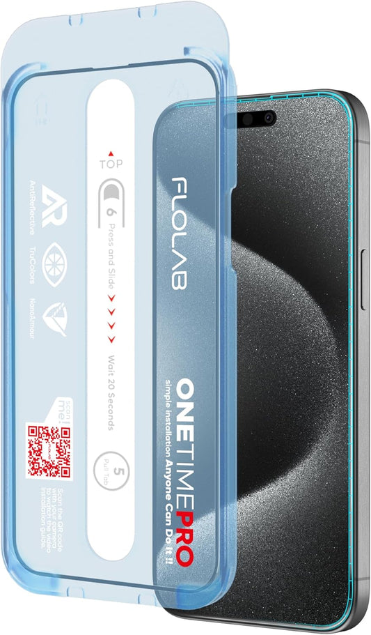 FLOLAB NanoArmour ONETIME PRO for iPhone 15 Pro Screen Protector, Anti-Reflective, Anti-Rainbow, 3D Tempered Glass, Ultra Clear, Edge Reinforced, Easy Install, Dust-Free, Scratch Resistant