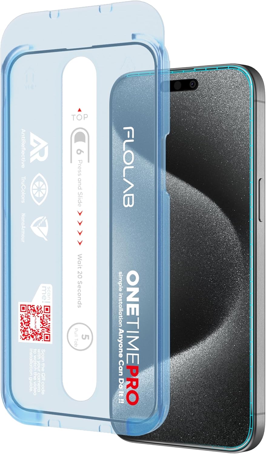 FLOLAB NanoArmour ONETIME PRO for iPhone 15 Screen Protector, Anti-Reflective, Anti-Rainbow, 3D Tempered Glass, Ultra Clear, Edge Reinforced, Easy Install, Dust-Free, Scratch Resistant
