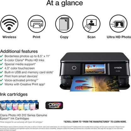 Epson Expression Photo XP-8700 Wireless All-in-One Printer with Built-in Scanner and Copier and 4.3" Color Touchscreen, Black
