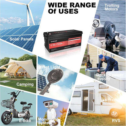 12V 200Ah LiFePO4 Lithium Battery,2560Wh Capacity,Built-in 200A BMS, 15000+ Cycles,10-Year Lifespan, Ideal for RV, Solar Energy Storage,Trolling Motor and Off-Grid Camping