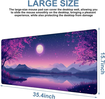 Gaming Desk Pad Large Extra Length Starry Sky Full Moon Mouse Pad Keyboard Laptop Non-Slip Waterproof with Rubber Base Thick Stitched Edge Mouse Mat for Office Home 35.4 x 15.7 Inches